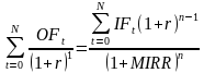 According to calculation algorithm it is possible to perform several procedures. First of all an aggregate discounted sum of all outflows and aggregate accreted sum of all inflows are being calculated, where discounting as well as accretion is performed at a price of project financing source. Accreted inflow cost is called as terminal value. Afterwards we determine discount rate equalizing aggregate adjusted outflow value to terminal value, which in this case is exactly MIRR. Thus, common formula for calculation can be presented as: