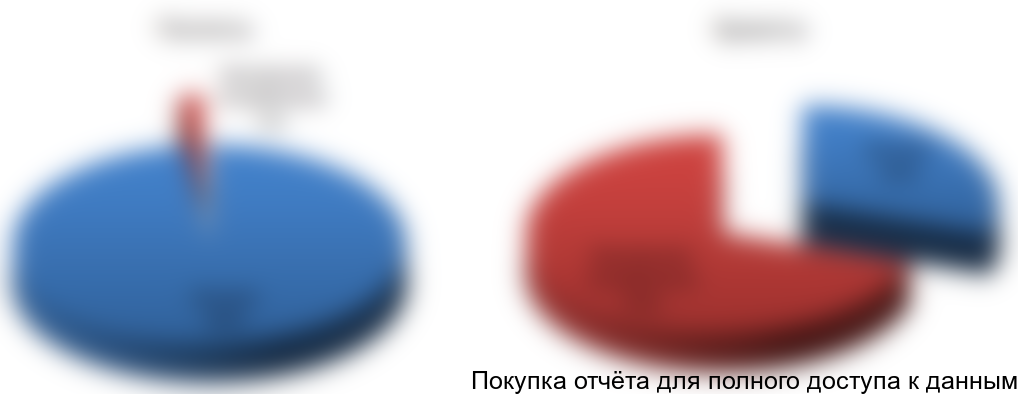 Рисунок 1.3. Соотношение потребления топливных брикетов и пеллет на внутреннем и внешнем рынке ЦФО, %