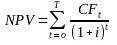 Чистый дисконтированный доход NPV рассчитывается по формуле 1.