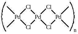 Рассмотрим, например, Вакер-процесс (окисление этилена в ацетальдегид), который протекает в присутствии катализатора PdCl2/CuCl2. На самом деле PdCl2 является линейным полимером, в котором атомы металла связаны хлоридными мостиками:
