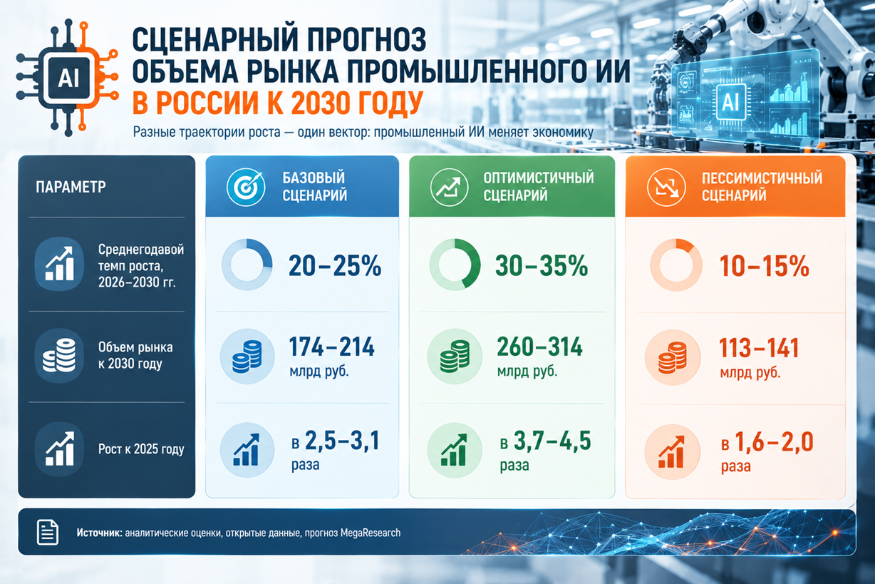 Сценарный прогноз объема рынка промышленного ИИ в России к 2030 году