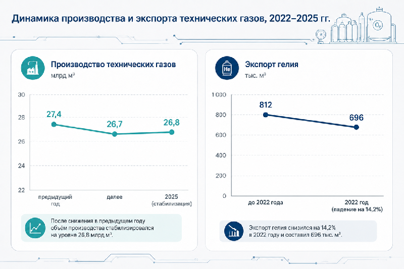 Динамика производства и экспорта технических газов в России, 2022–2025 гг.
