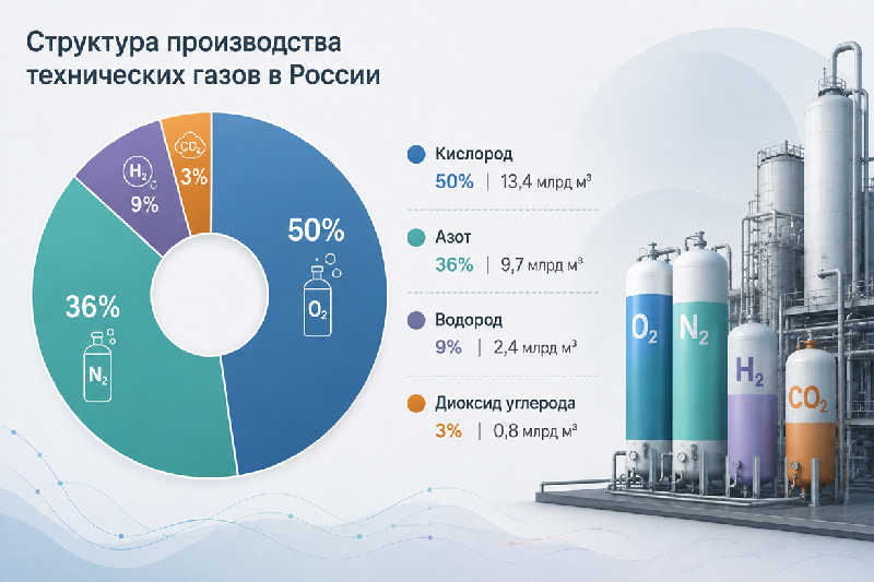 Структура производства технических газов в России, 2024–2025 гг.