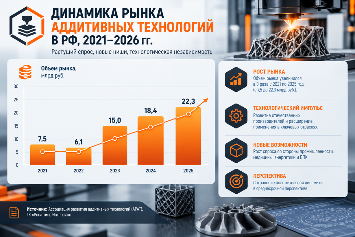 Динамика рынка аддитивных технологий в РФ, 2021&ndash;2026 гг., млрд руб.