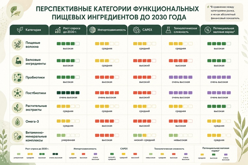 Сравнение инвестиционной привлекательности основных категорий функциональных ингредиентов