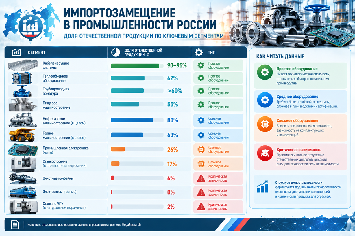 Импортозамещение в российской промышленности — доли отечественной продукции по ключевым сегментам