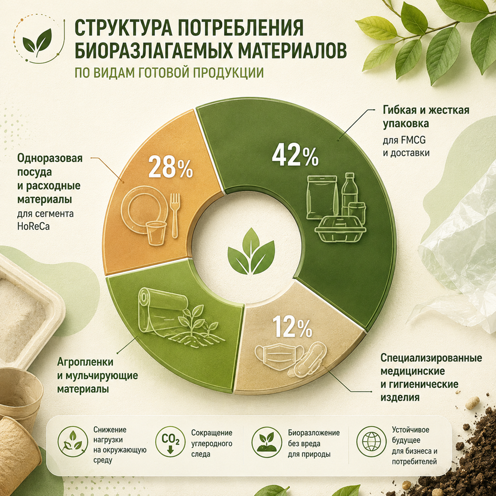 Структура потребления биоразлагаемых материалов по видам готовой продукции