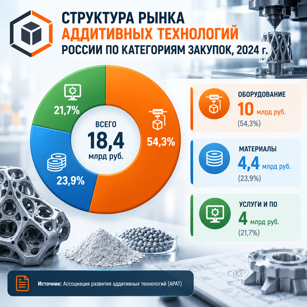 Структура рынка аддитивных технологий России по категориям закупок, 2024 г.