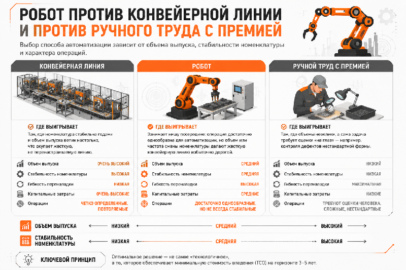 Робот против конвейерной линии и против ручного труда с премией