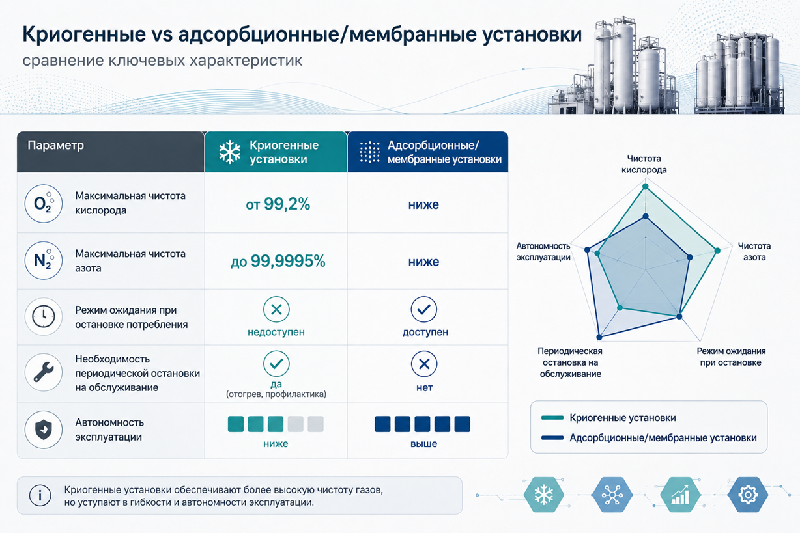 Сравнение криогенных и адсорбционных/мембранных установок по основным технологическим параметрам